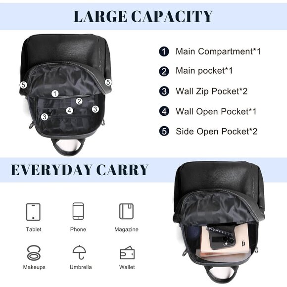 Elegant Genuine Leather Backpack Purse - Anti-Theft Convertible Style, Black - Picture 4 of 6